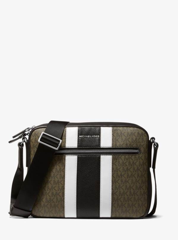 Panske Crossbody Kabelka Michael Kors Hudson Pebbled Leather and Logo Stripe Camera Olivovo Zelená - Tasky Michael Kors Vypredaj | DXVRA-4581